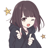 a girl in a black hoodie is giving a thumbs up sign