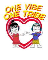 a cartoon drawing of a boy and a girl with the words one vibe one tribe