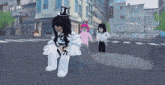 a girl in a top hat is standing on a sidewalk in front of a building that says ' a ' on it