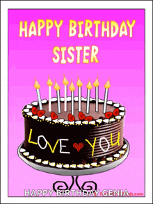 a birthday card for a sister with a chocolate cake and candles