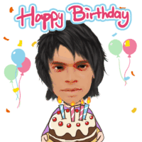 a cartoon of a man holding a cake with candles and the words happy birthday