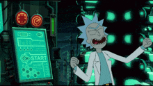 rick from rick and morty is standing in front of a start button