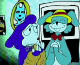 a cartoon drawing of a blue rabbit and a blue dog