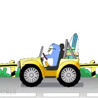 a cartoon penguin is driving a yellow car