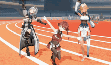 three anime characters are dancing on a track in a stadium