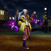 a woman in a yellow jacket and shorts is holding purple gloves