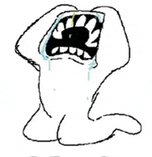 a cartoon of a person crying with their mouth open and tears coming out of it .
