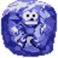 a pixel art of a skeleton in a purple circle holding a gun .
