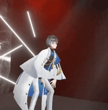 a man in a white coat is standing in a dark room
