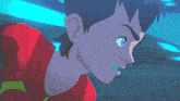 a close up of a cartoon character with a red shirt