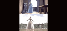 a woman in a white dress is standing in front of a window