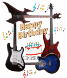 a birthday card for chris with guitars and music notes