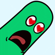a green cartoon character with red heart eyes
