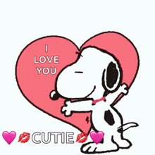 a cartoon of snoopy hugging a heart that says i love you