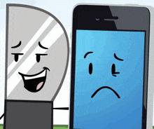 a cartoon drawing of a phone and a mirror with a sad face