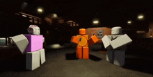 three roblox characters standing in a dark room