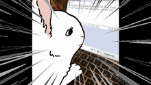 a cartoon rabbit is looking at a computer screen that says " submit "