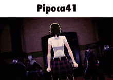 a girl in a white shirt is standing in front of a group of people and the words pipoca41 are above her