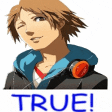 a man with headphones on his neck is wearing a hoodie and the word true is on the bottom .
