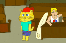 a cartoon of a cat wearing a red hat and a blue shirt