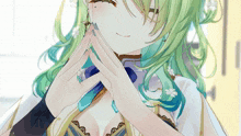 a close up of a girl with green hair making a peace sign