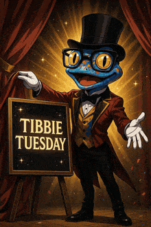 a frog in a top hat holding a sign that says tibbie tuesday
