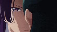 a close up of a person with purple eyes