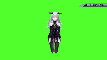 a girl with long white hair is standing on a green screen .