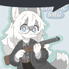 a drawing of a furry character holding a gun with a speech bubble that says " classic smg "