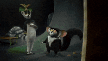 a cartoon lemur with a crown on his head stands next to another lemur