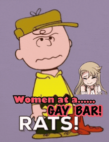 a cartoon character with the words women at a gay bar rats on the bottom