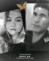 a black and white photo of a woman and a man with the words welcome sahabat jemput que starmaker malaysia