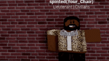 a man in a leopard print jacket is standing in front of a brick wall with the name spinted on it