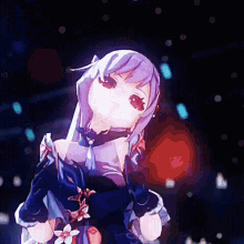 a girl with purple hair is holding a flower in her hands .