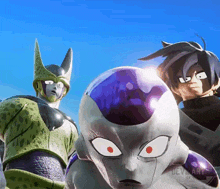 cell and frieza are standing next to each other with a blue sky behind them