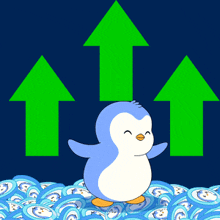 a penguin is standing in front of a bunch of green arrows pointing upwards