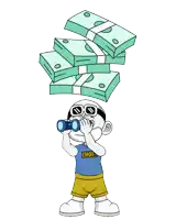 a cartoon of a boy looking through binoculars with a stack of money behind him