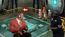 a man in a red suit is sitting in front of a red arrow pointing to the left