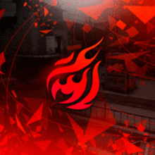 a red and black logo with a flame in the middle