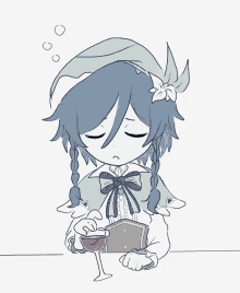 a drawing of a girl holding a wine glass and a book