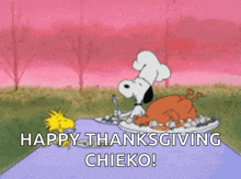 a cartoon of snoopy sitting at a table with a plate of food and the words happy thanksgiving chieko