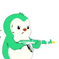 a cartoon penguin is holding a gun that says abstract