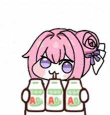a cartoon girl is holding three bottles of milk .