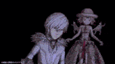 a man in a white suit is standing next to a girl with wings and a hat