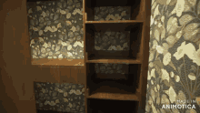 a closet with a floral wallpaper and made in animatica written on the bottom