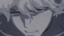 a close up of a anime character 's face with white hair and yellow eyes