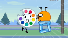 a cartoon drawing of a palette and an orange ball playing basketball