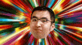 a man with glasses is surrounded by a colorful explosion of light .