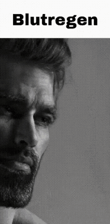 a black and white photo of a man with a beard and the word blutrogen below him