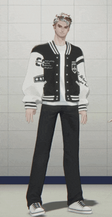 a man is wearing a black and white varsity jacket with the letter s on the sleeves